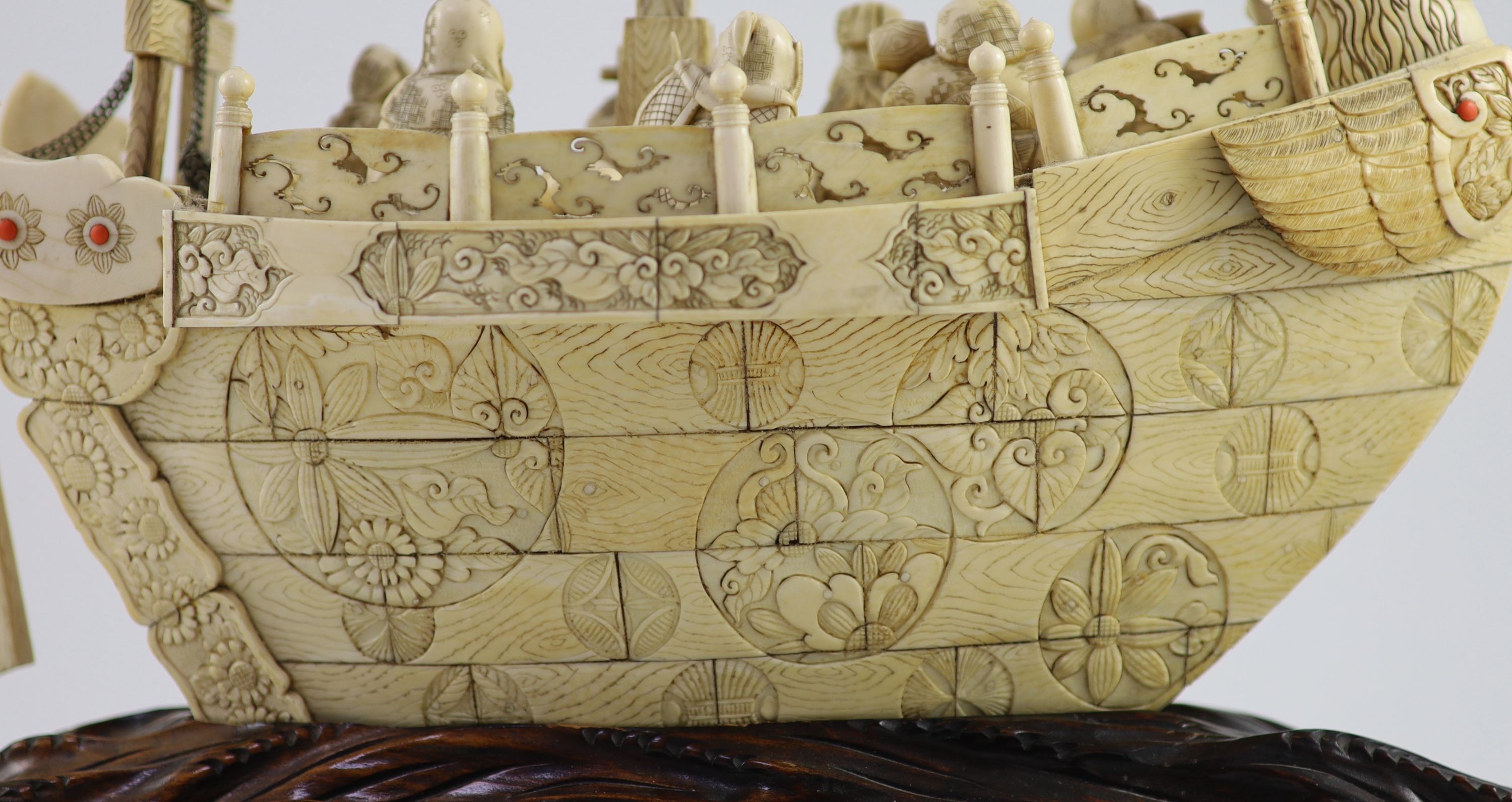 A large Japanese ivory okimono of the seven Gods of Happiness treasure ship the Takarabune, early - Image 6 of 9