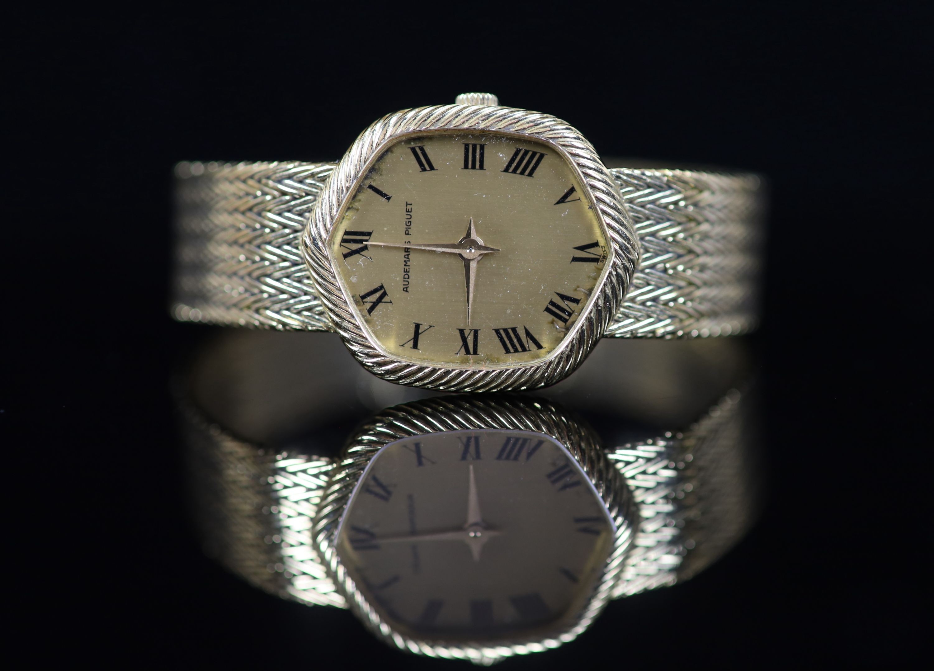 A lady's 18ct gold Audemars Piguet manual wind wrist watch,with hexagonal Roman dial, on integral - Image 2 of 4