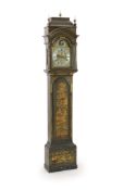 William Pridham of London. A George III green lacquered longcase clock,the 30cm arched brass dial