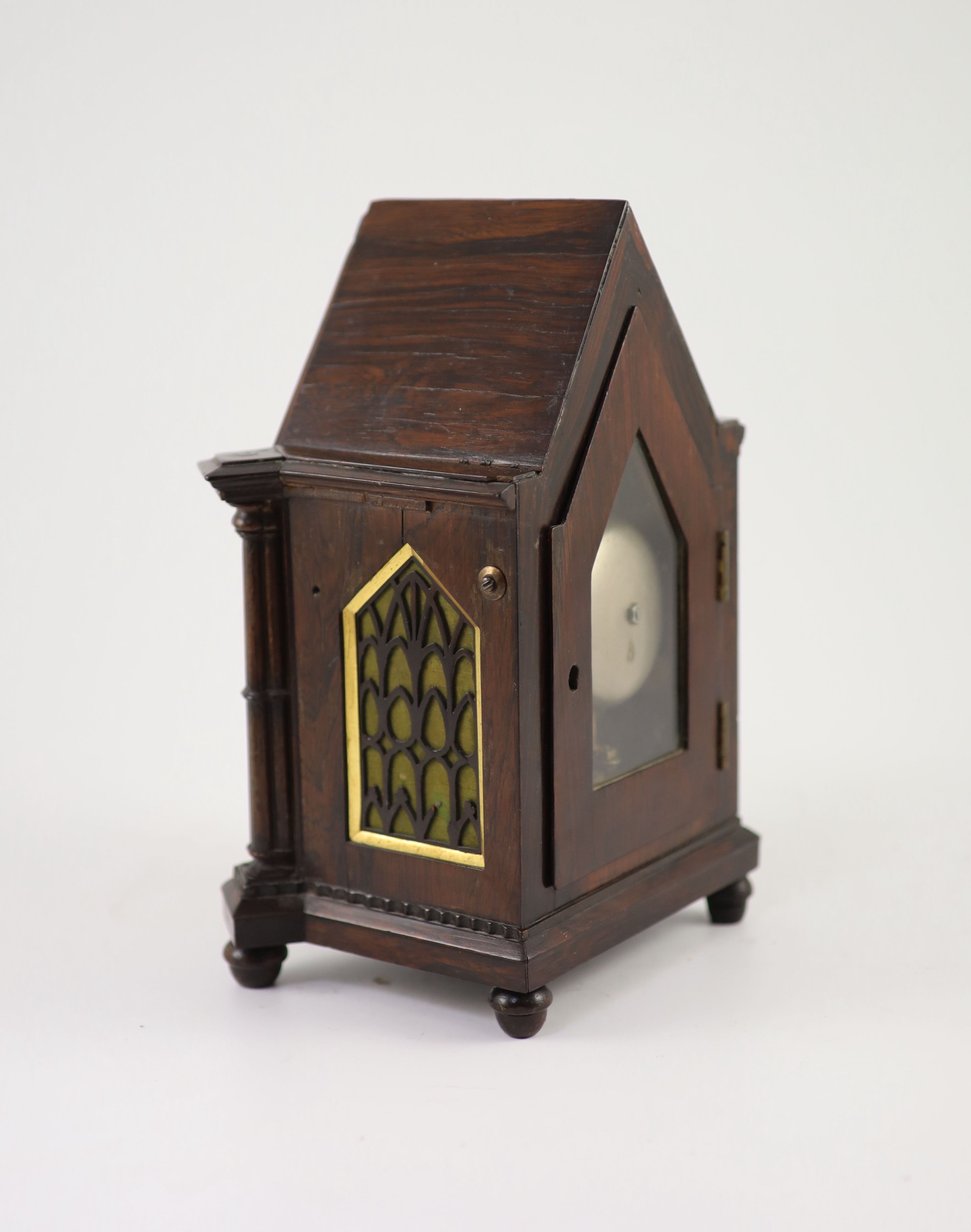 An early Victorian gothic revival rosewood mantle clock,with Gothic lancet case and gilt engine - Image 3 of 4