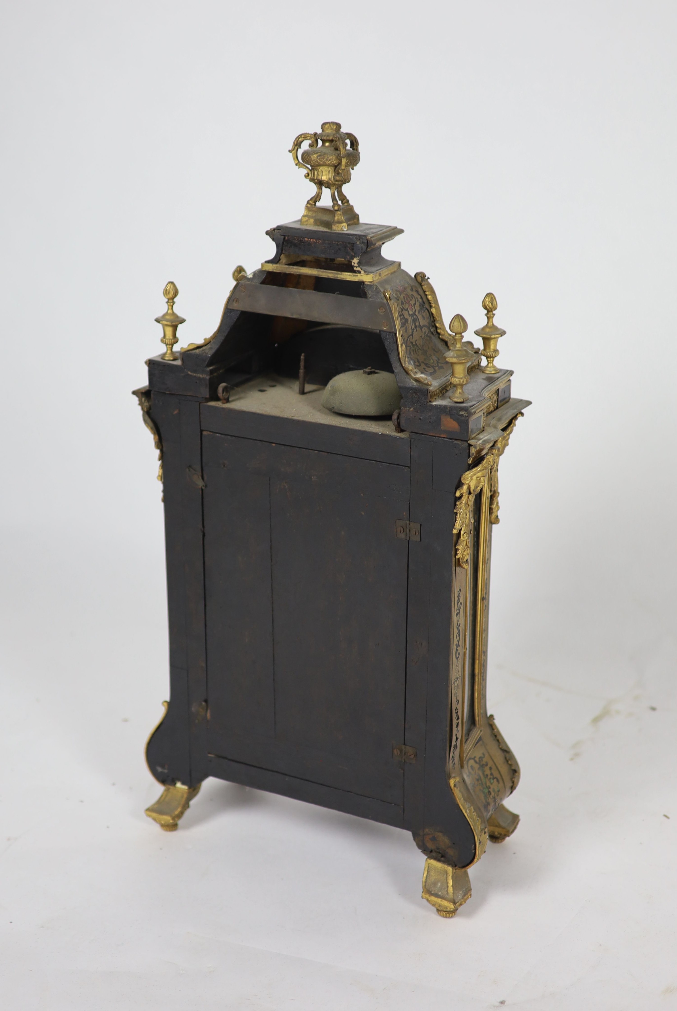 A 19th century French Louis XIV style boullework mantel clockwith urn finial and enamelled tablet - Image 3 of 4