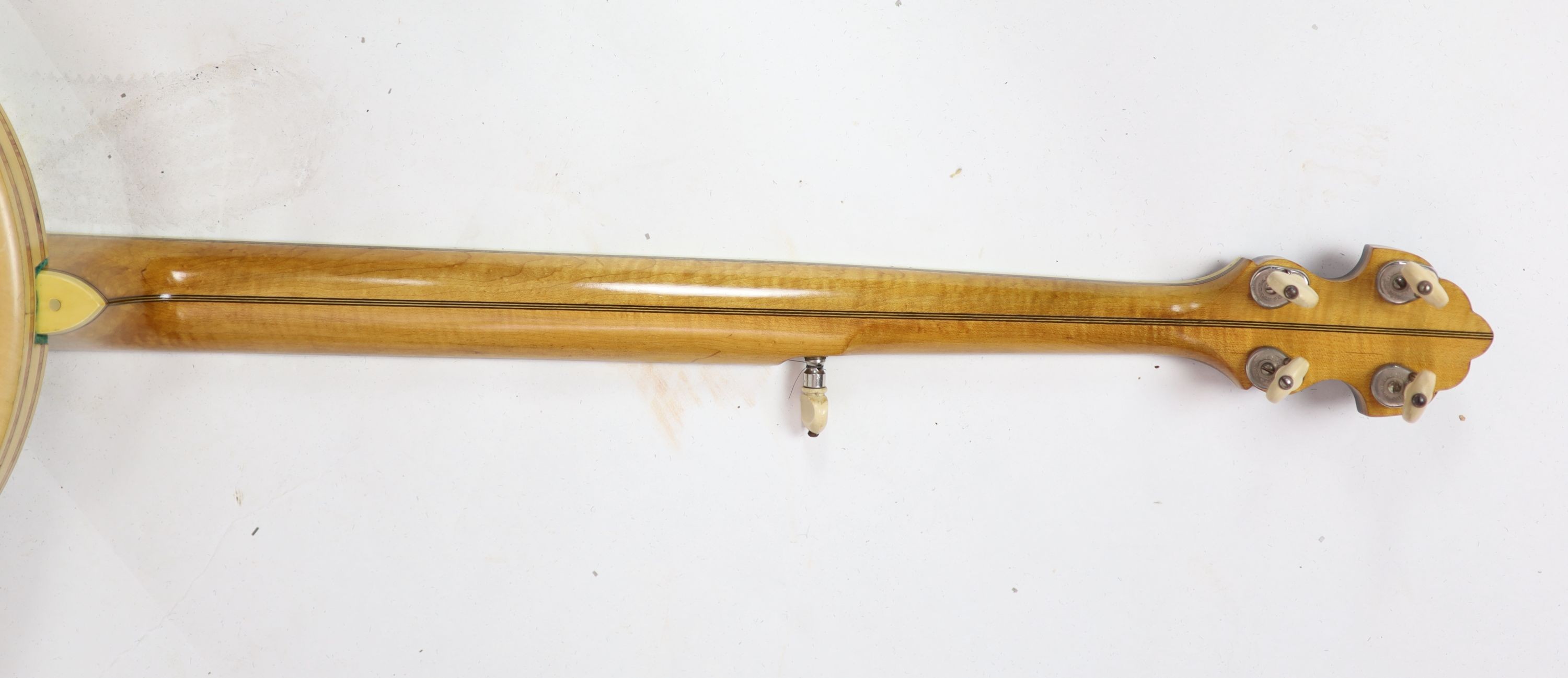 A Paragon banjowith ornate inlaid peg board and fret board, nut to bridge 27 inches, 22 frets, - Image 7 of 9