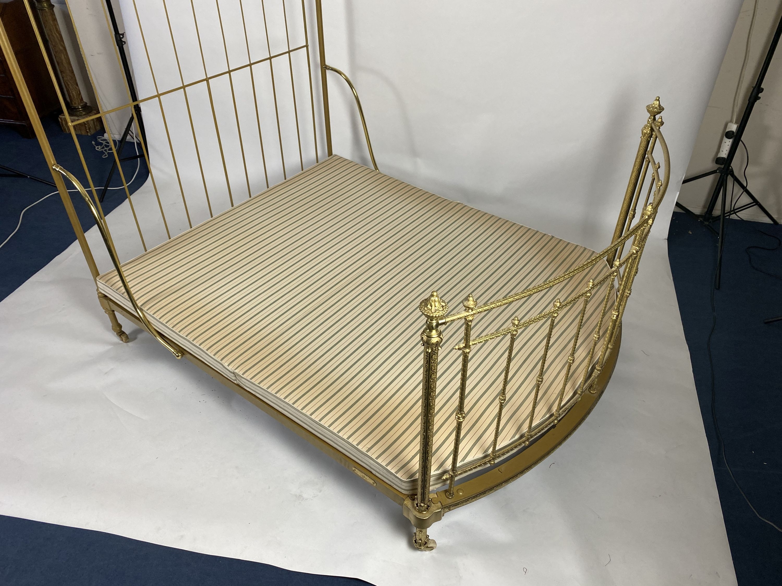 A Victorian R.W.Winfield & Co. brass half tester bed frame,With scroll embossed bow fronted foot - Image 6 of 6