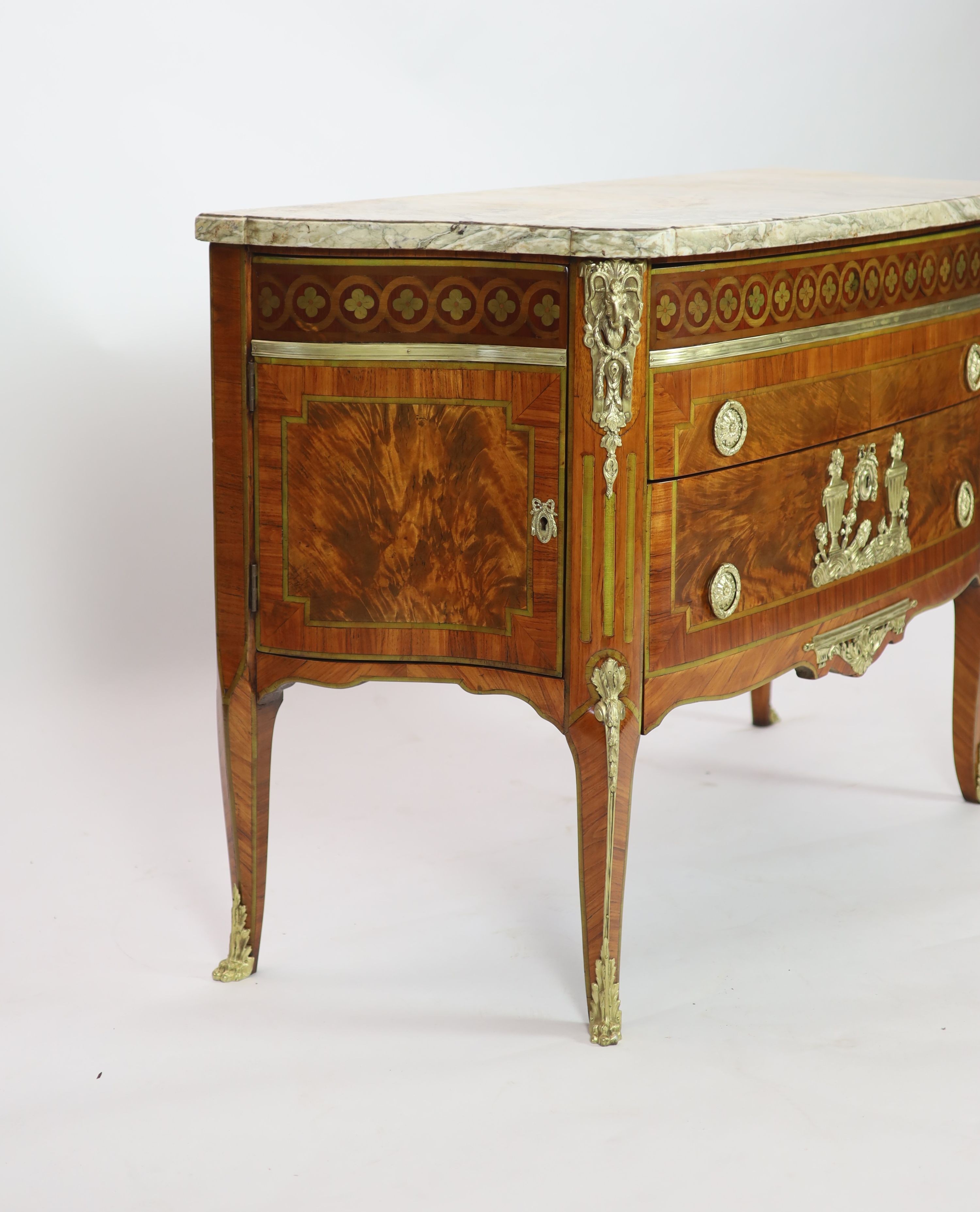 A late 19th century French marquetry and flame mahogany bowfront commodewith variegrated grey marble - Image 3 of 4
