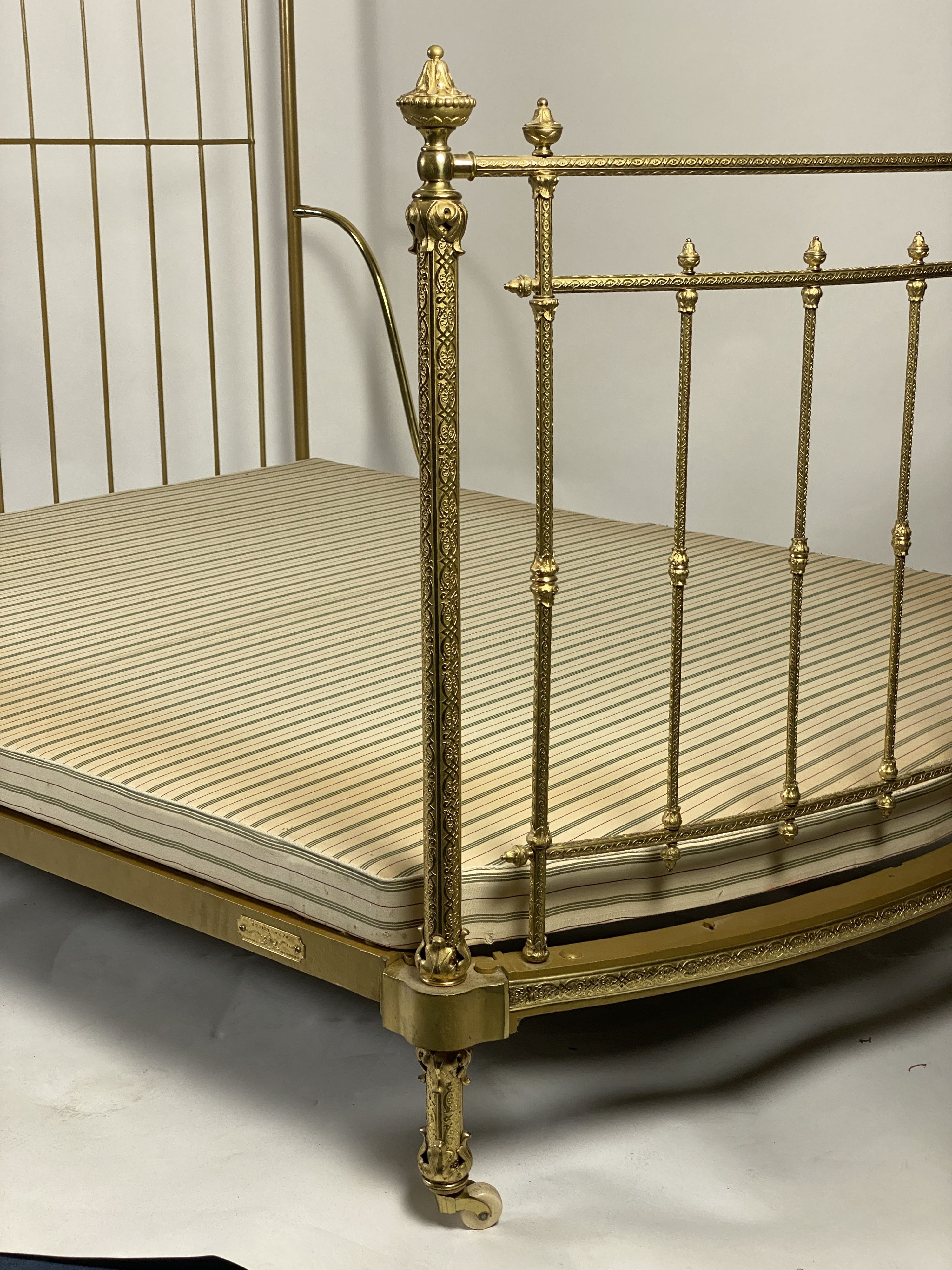 A Victorian R.W.Winfield & Co. brass half tester bed frame,With scroll embossed bow fronted foot - Image 2 of 6