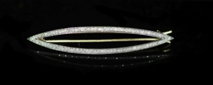 An Edwardian gold, silver and rose cut diamond set navette shaped hair ornament,72mm, gross weight