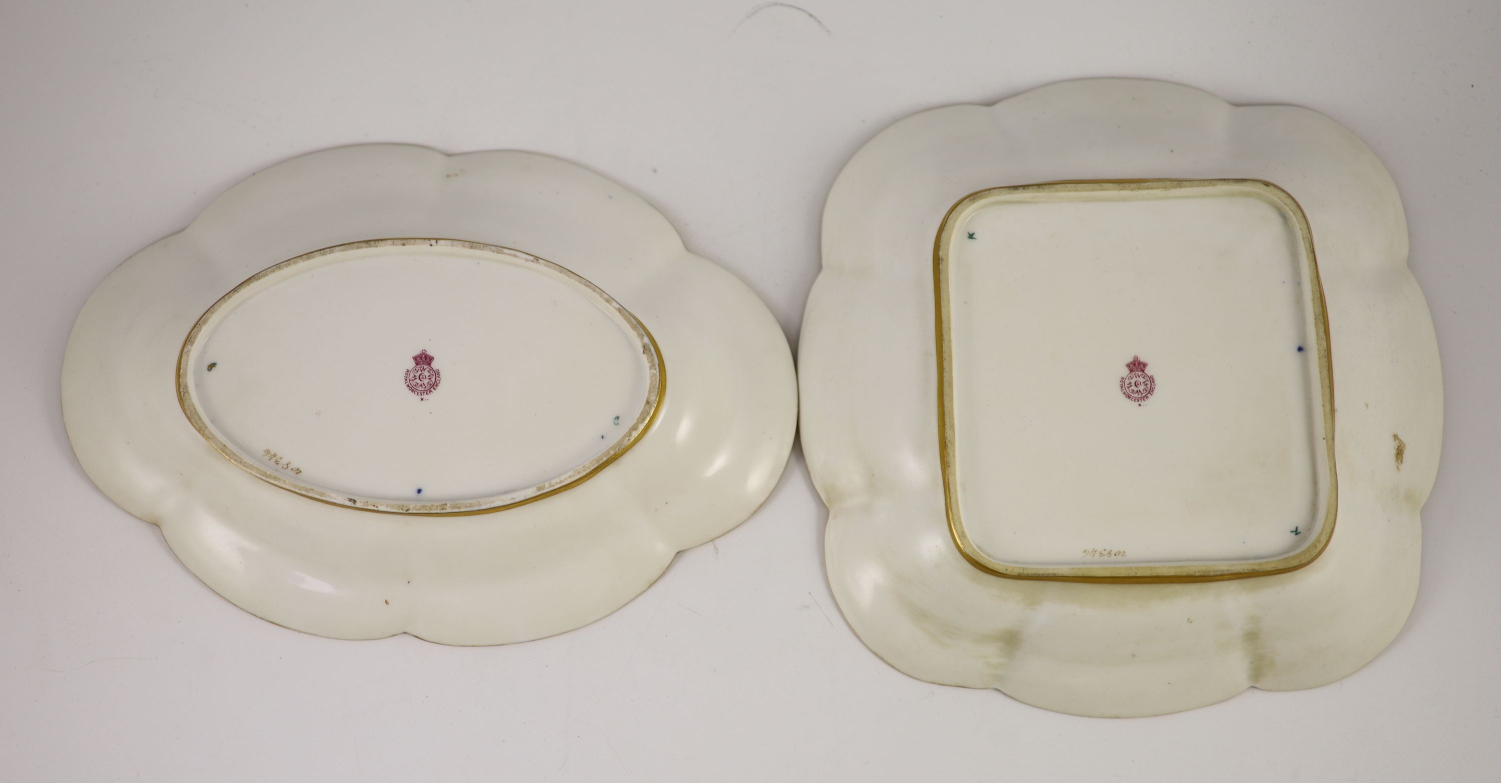 Two Royal Worcester fruit painted dessert dishes, signed E. Phillips, c.1918,each within gilt- - Image 3 of 4