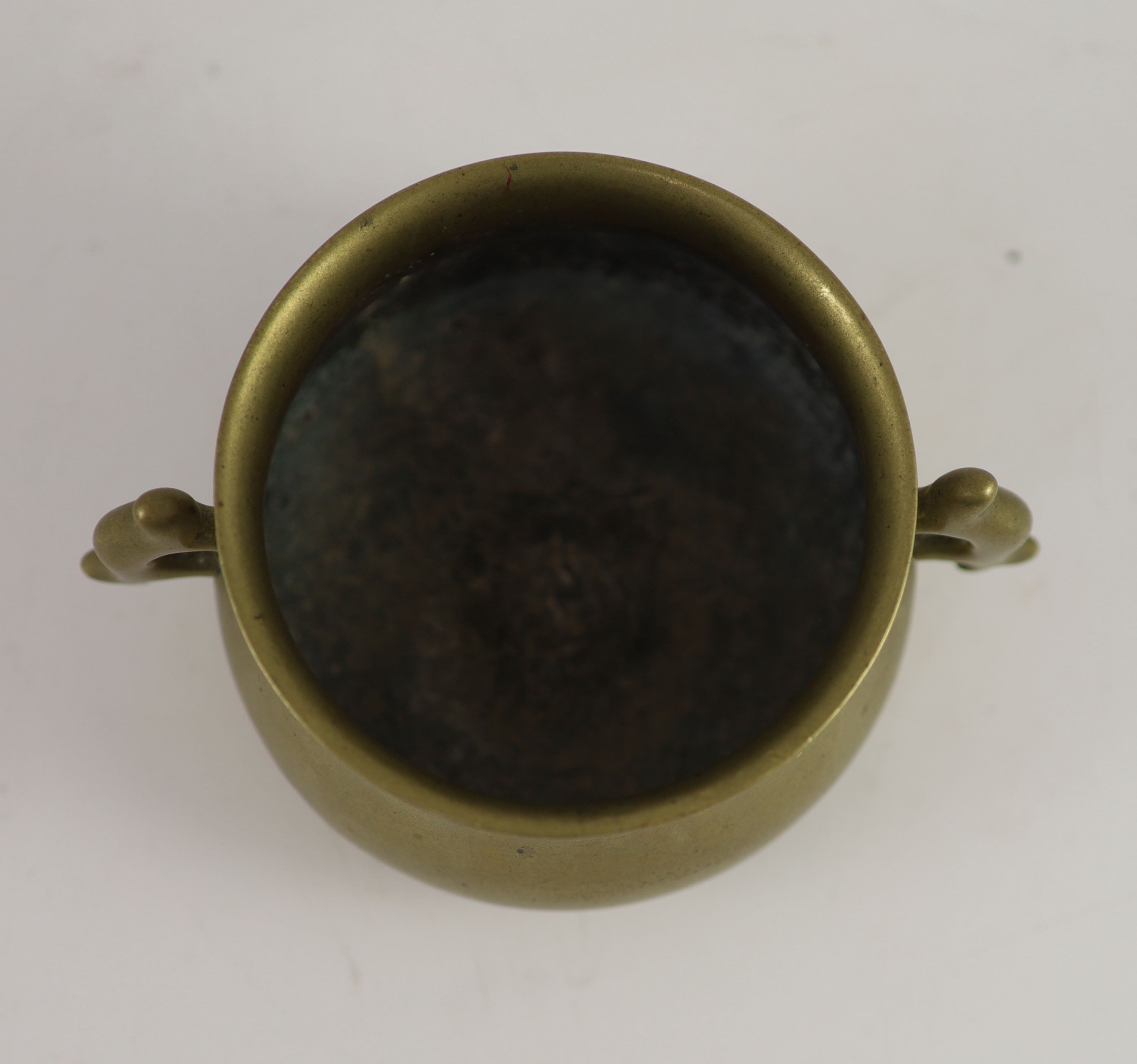 A Chinese bronze baluster shaped censer, gui, Xuande mark but 18th century,applied with a pair of - Image 2 of 3