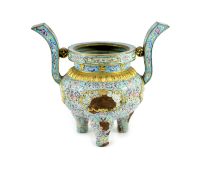 A Chinese Canton enamel tripod censer, Qianlong mark and period (1736-95),finely painted with pale