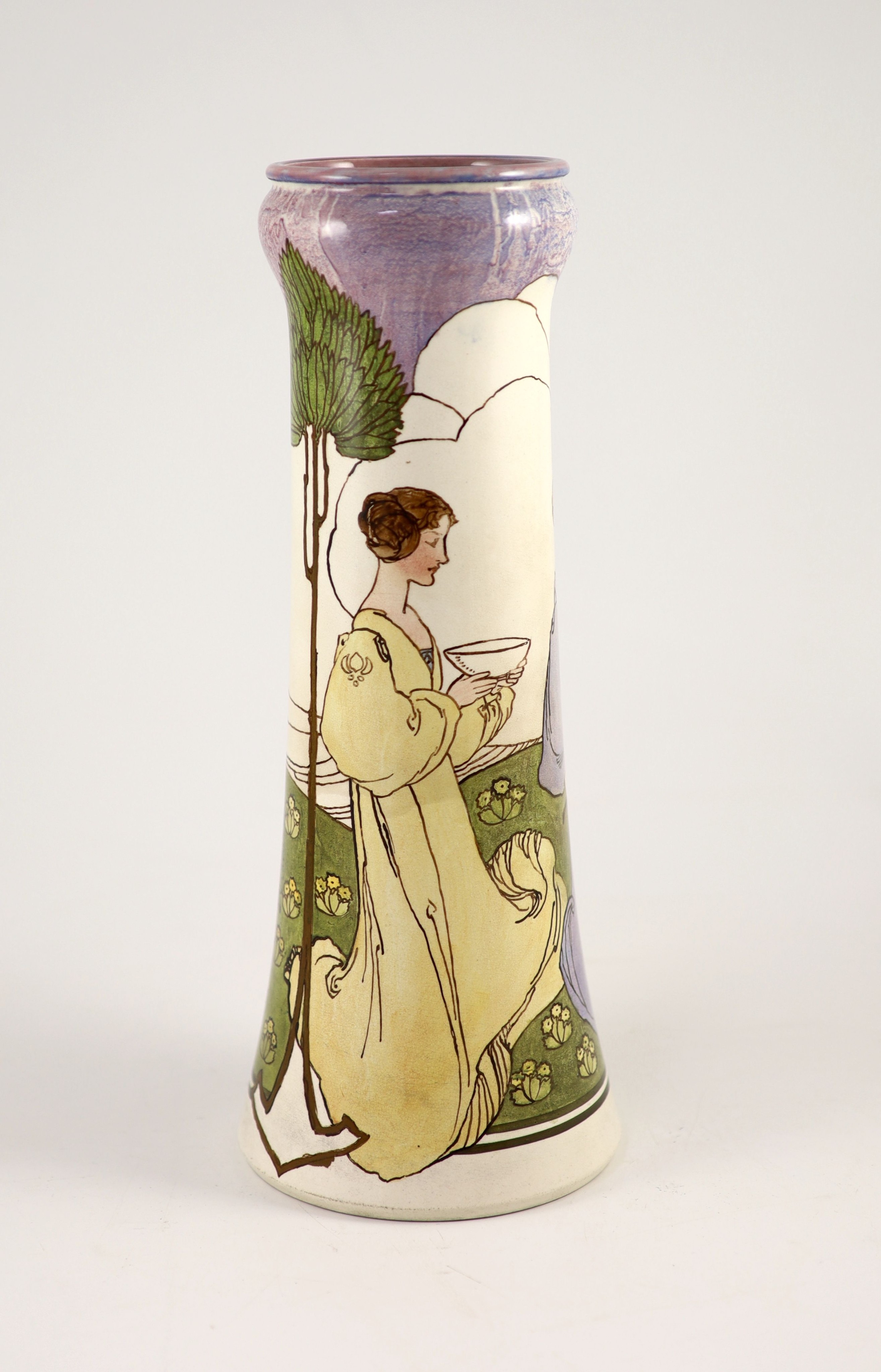 Margaret Thompson for Doulton, Lambeth - an Art Nouveau tall faience vase, c.1900,painted with two - Image 2 of 5