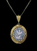 A 19th century gold and micro mosaic set oval pendant, decorated with Doves of Peace,the border