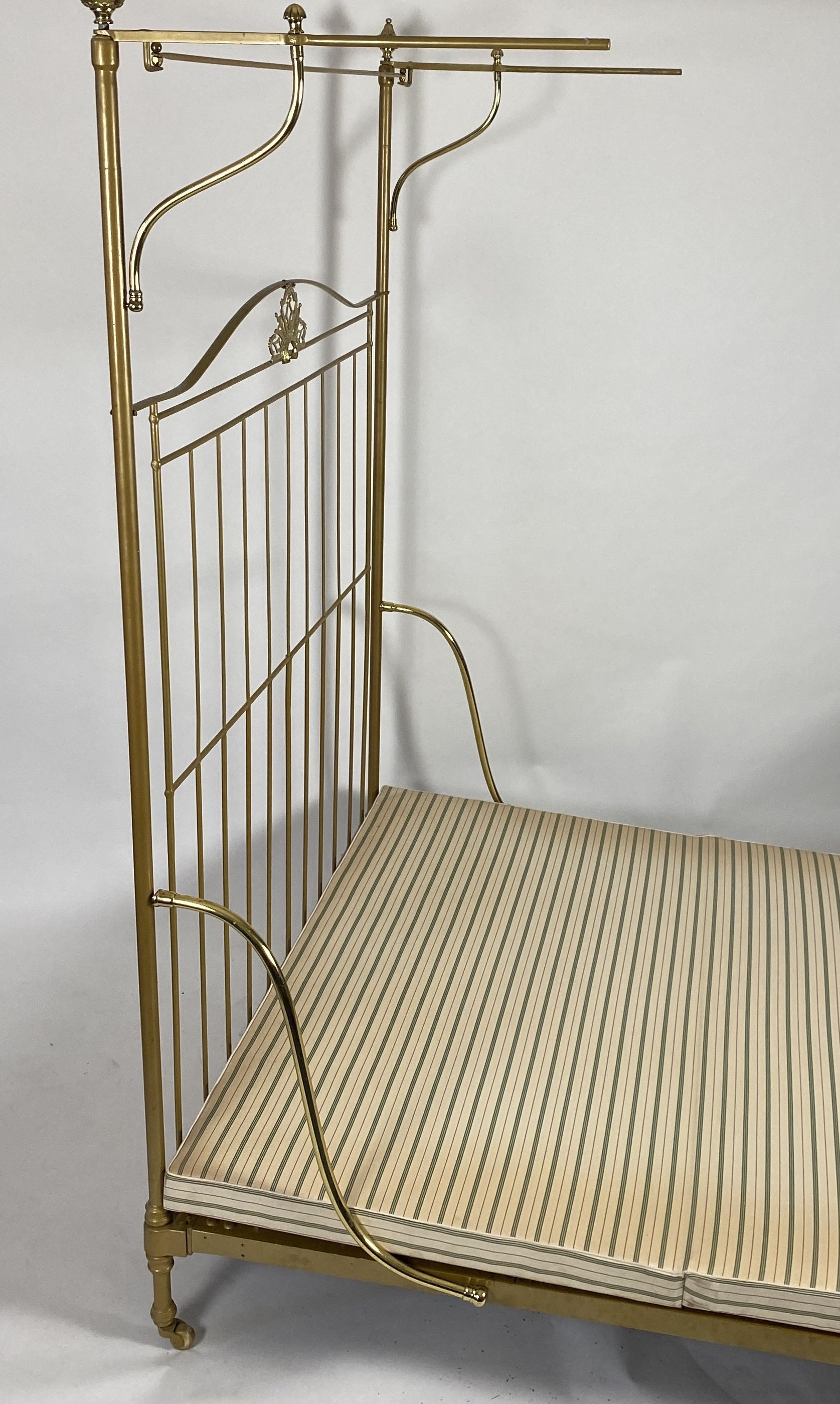 A Victorian R.W.Winfield & Co. brass half tester bed frame,With scroll embossed bow fronted foot - Image 4 of 6