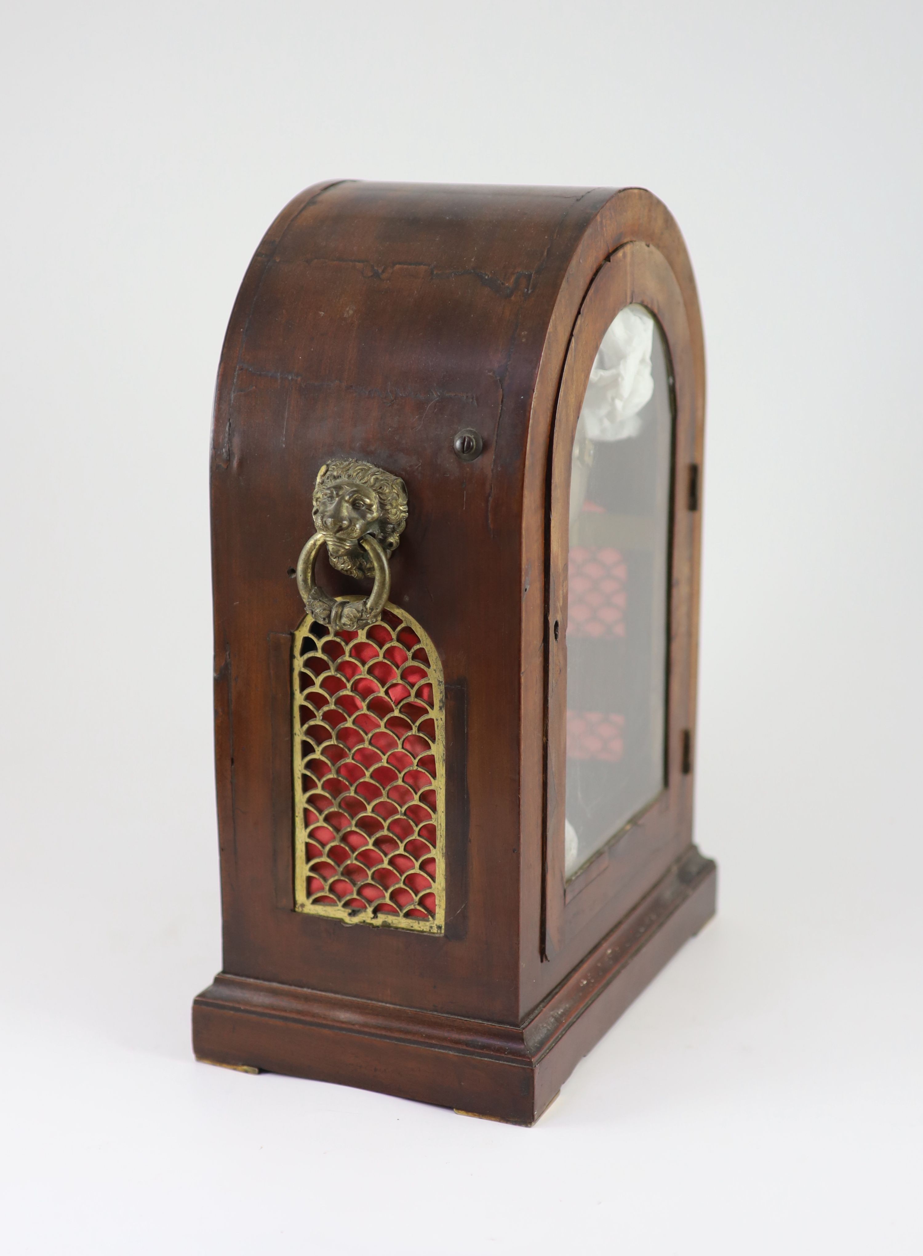 A George III mahogany bracket clock,the arched cased with foliate mount and lion's mask ring handles - Image 2 of 3