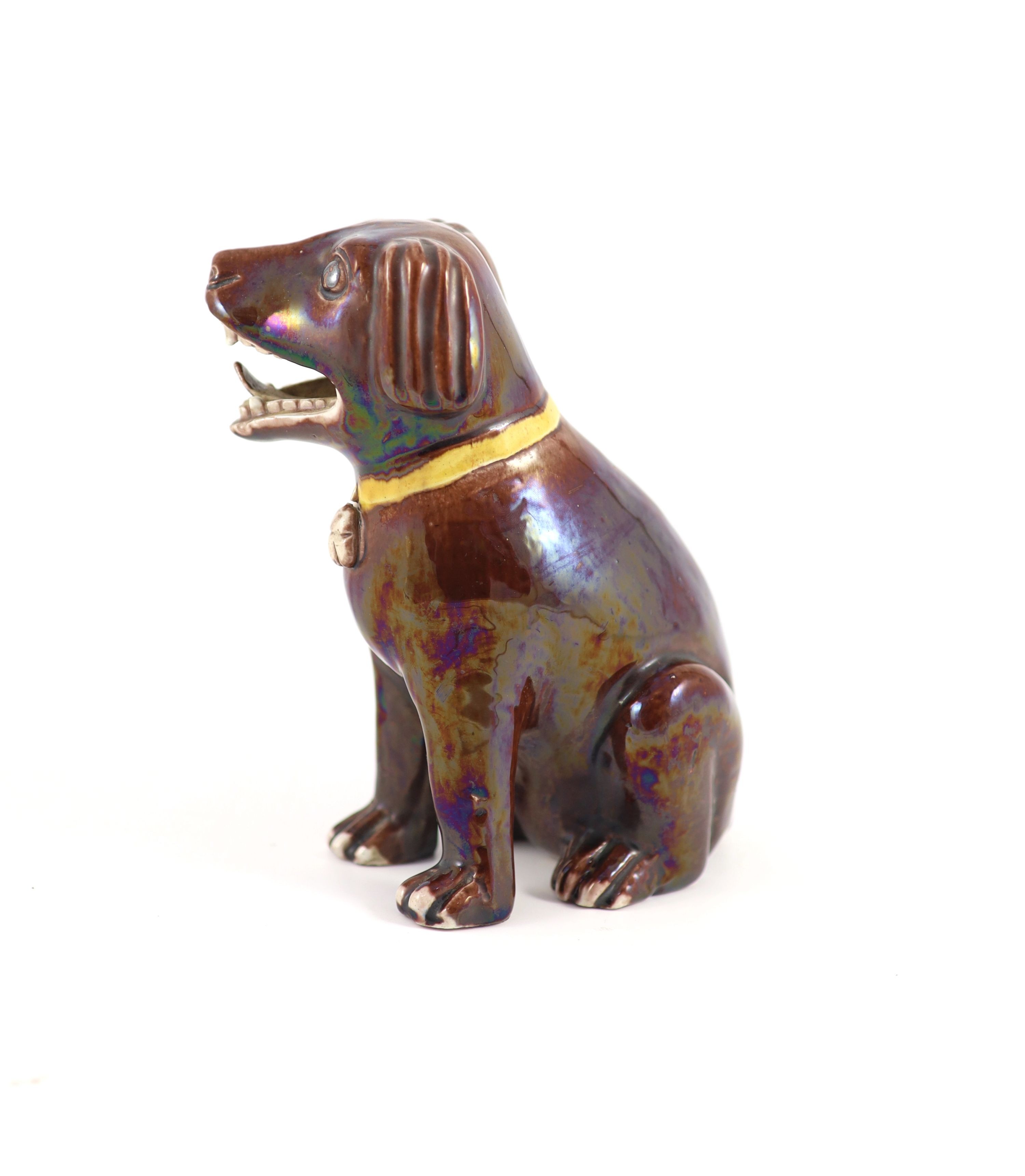 A Chinese brown glazed porcelain model of a seated dog, Qianlong period,wearing a yellow collar - Image 2 of 3