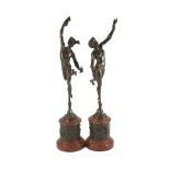 After Giambologna. A pair of 19th century Grand Tour bronzes depicting Mercury and Fortunaon rouge