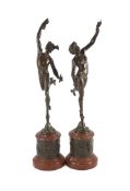 After Giambologna. A pair of 19th century Grand Tour bronzes depicting Mercury and Fortunaon rouge