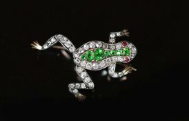 A late Victorian gold and silver, diamond and demantoid garnet cluster set brooch, modelled as a