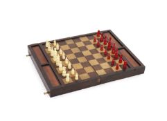 An early 20th century rosewood folding games board, external chess and internal backgammon,fitted