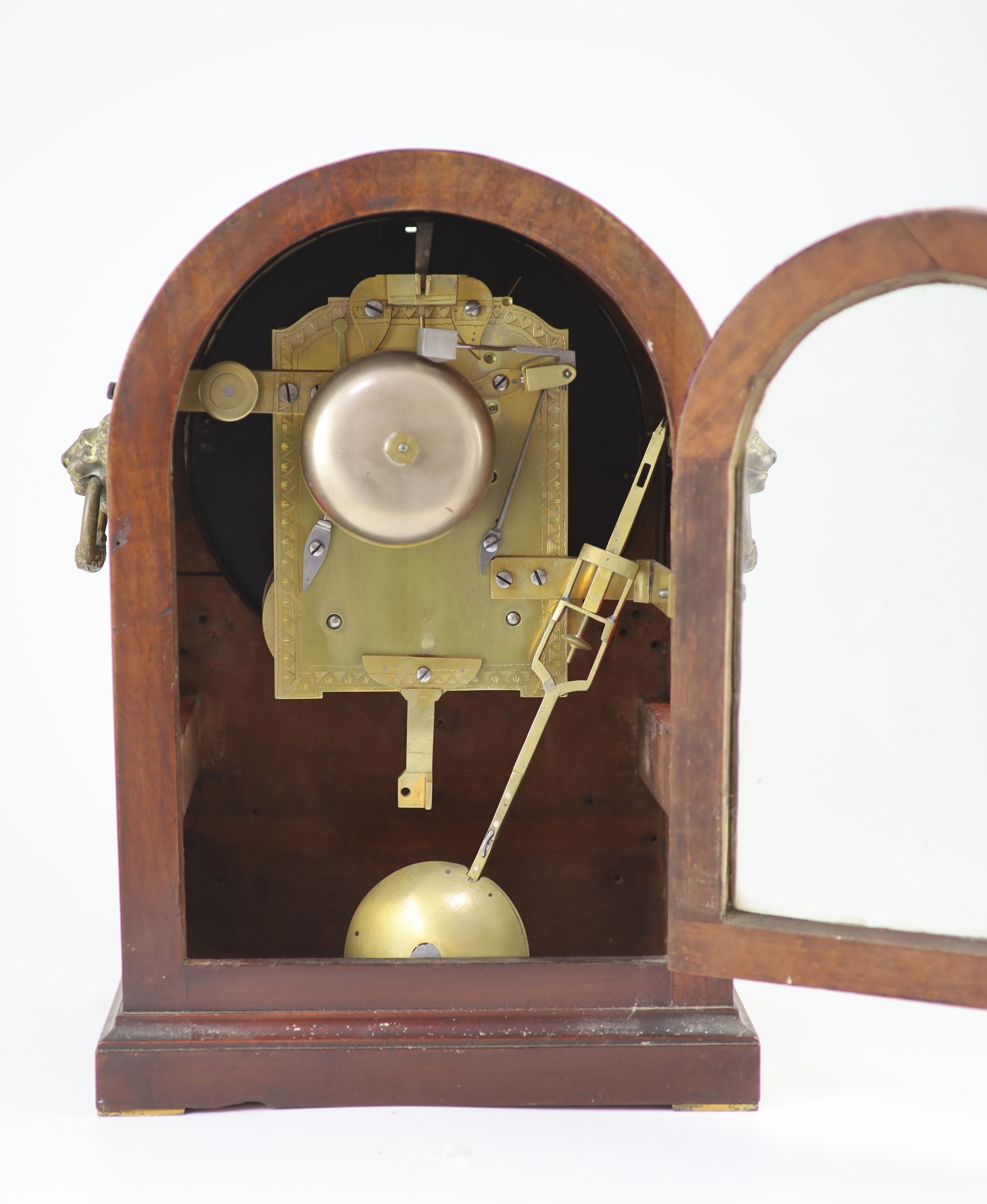 A George III mahogany bracket clock,the arched cased with foliate mount and lion's mask ring handles - Image 3 of 3