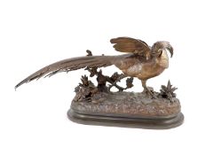 Jules Moigniez (1835-1894). A bronze group of an Golden Pheasant startled by a lizardon naturalistic