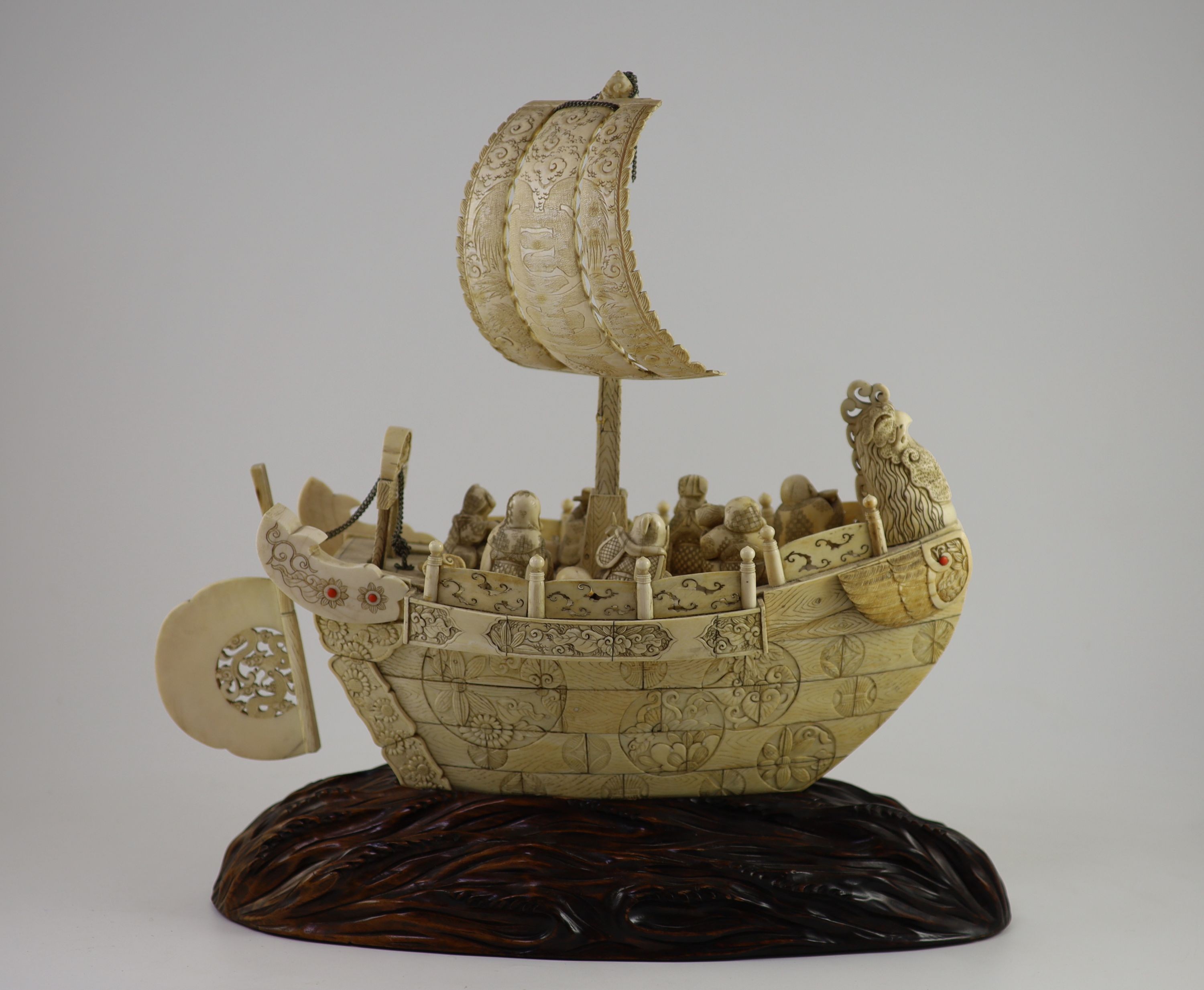 A large Japanese ivory okimono of the seven Gods of Happiness treasure ship the Takarabune, early - Image 5 of 9