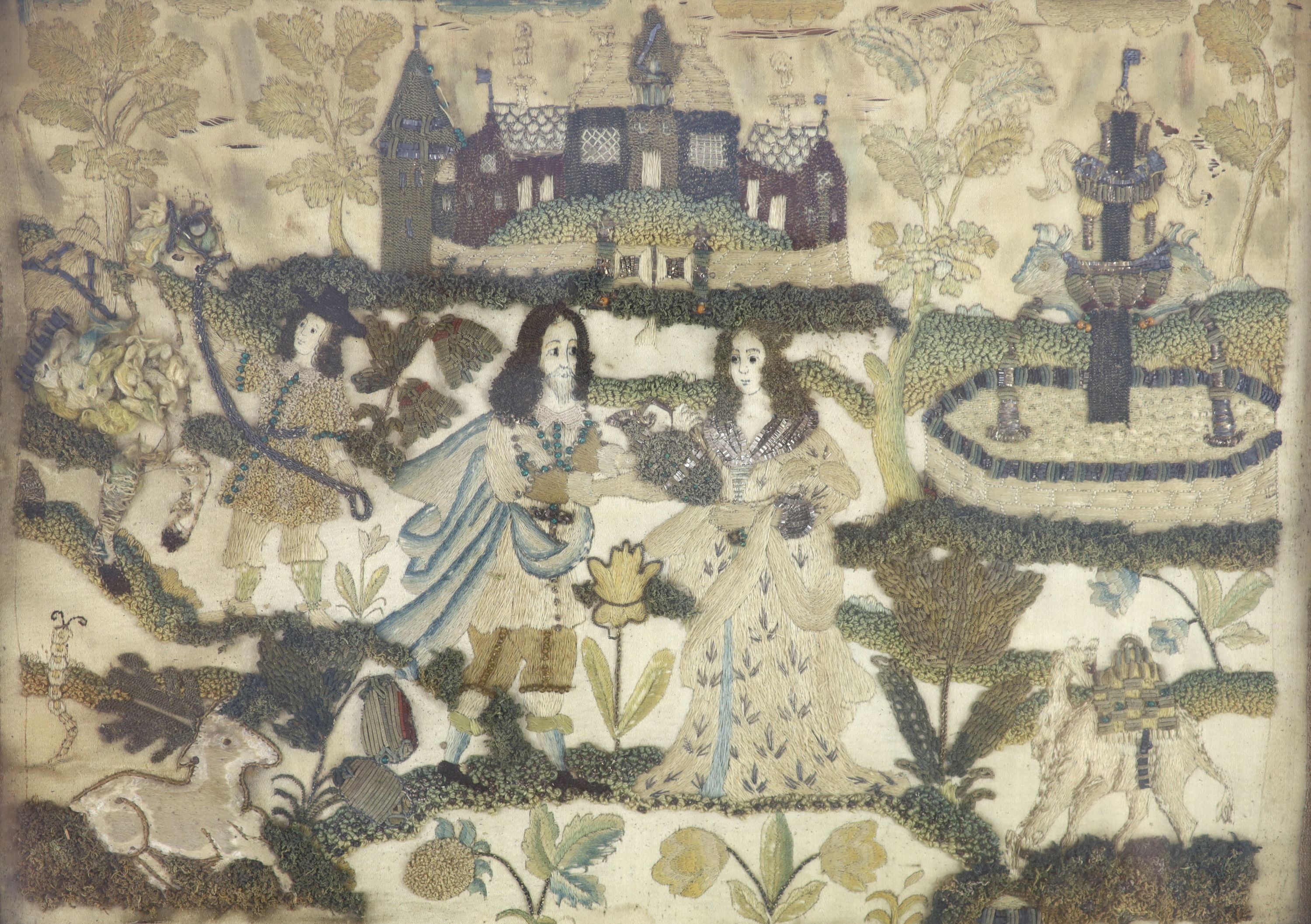 A 17th century stump work panel depicting Charles I and Queen Henriettastanding in a garden with a - Image 2 of 3