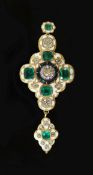 A good Victorian gold, white enamel, emerald and diamond drop pendant,of quatrefoil shape and set