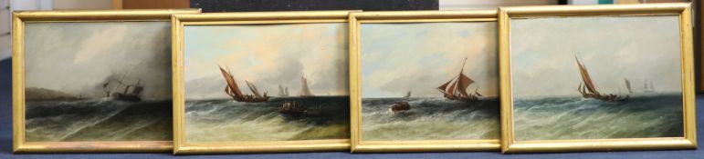 19th century English School Fishing boats and other shipping off the coastset of four oils on mill