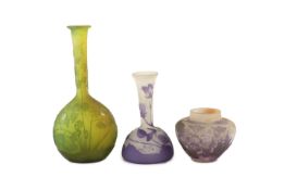 Three Galle cameo etched glass floral vases, early 20th century,the largest of bottle form in