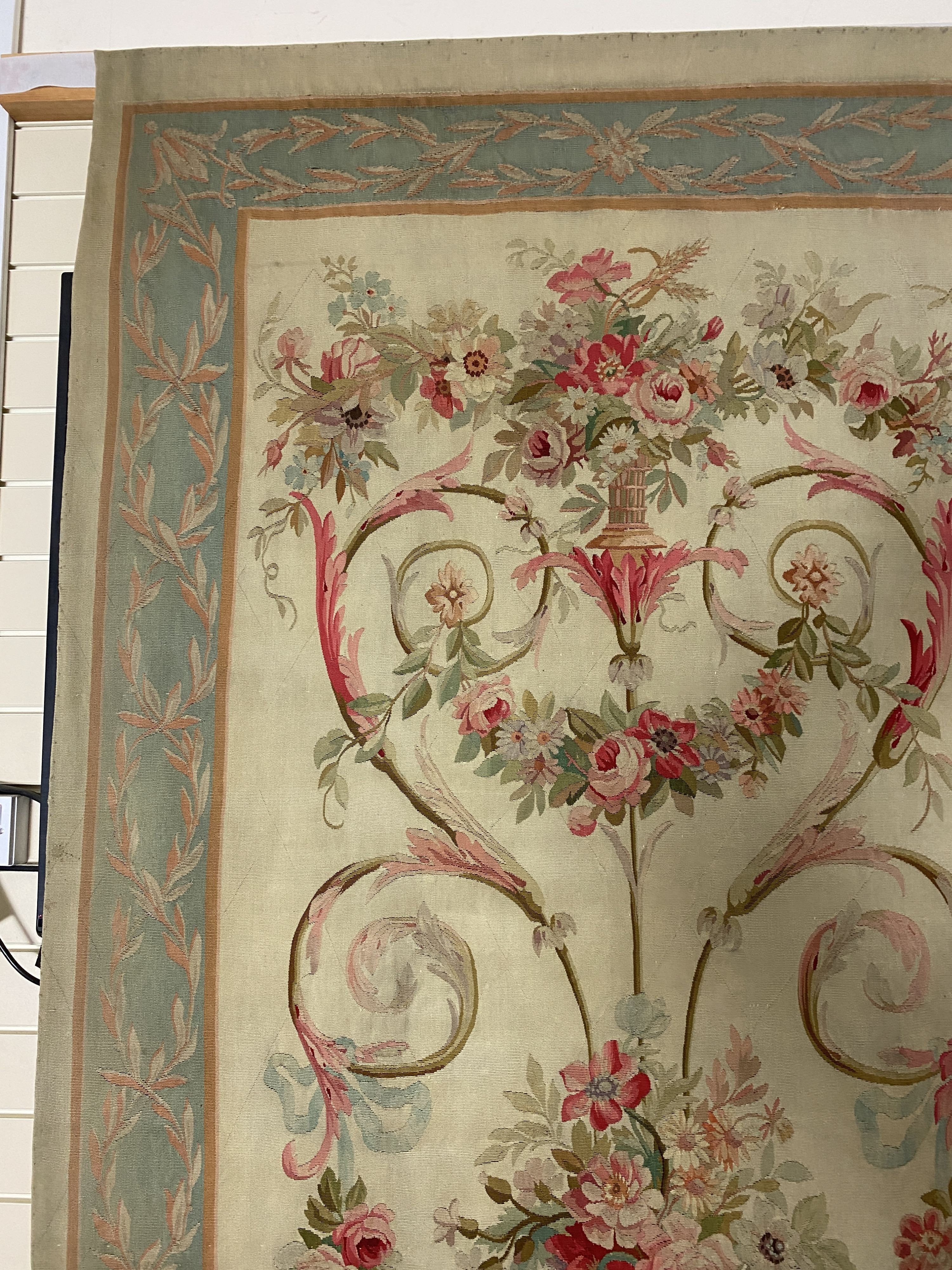 A large 19th century Aubusson entre fenetre tapestry wall panel,woven with a vase of flowers - Image 3 of 6