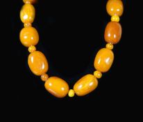 A single stand barrel shaped amber bead necklace, with amber bead spacers,48cm, gross weight 79