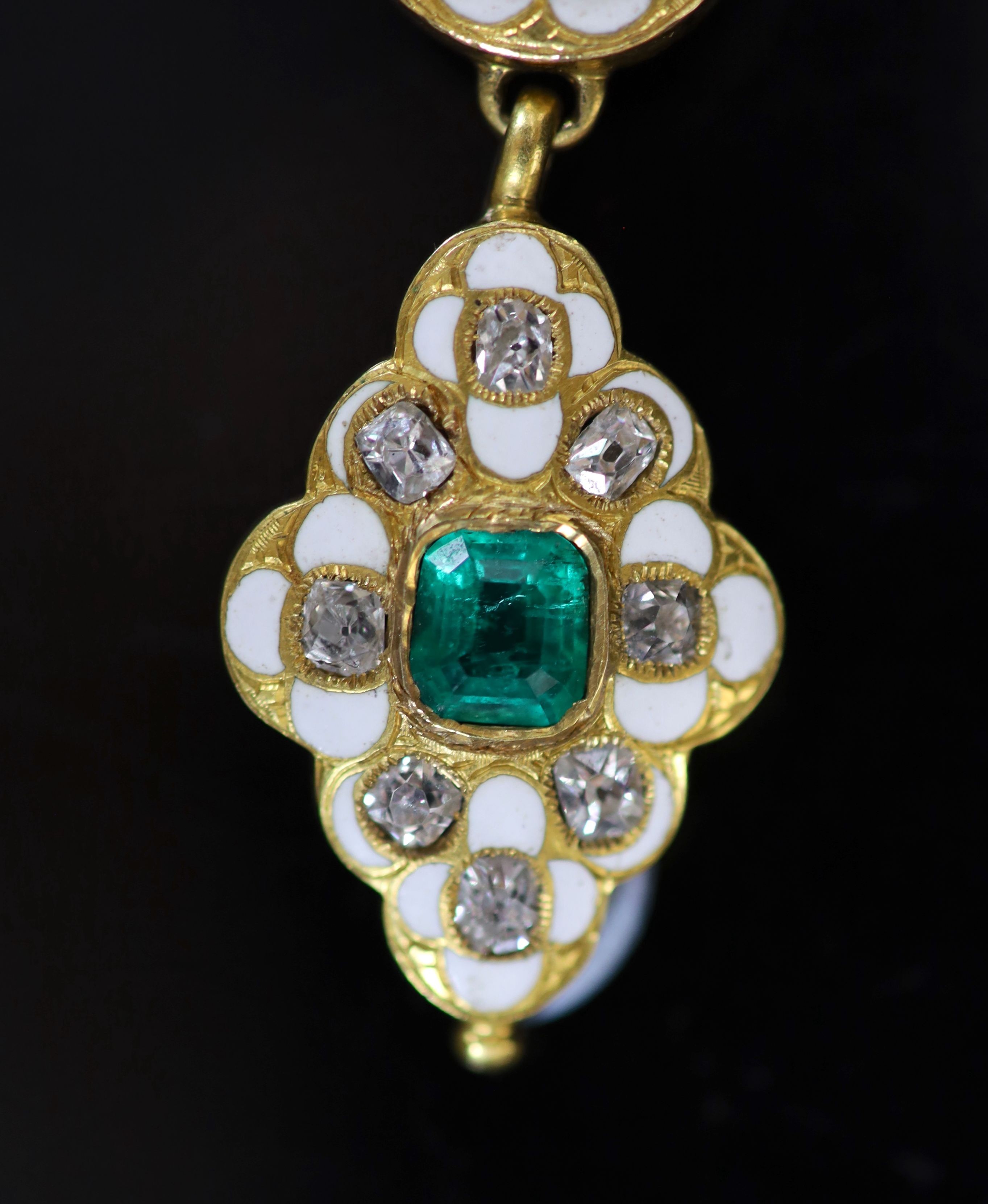 A good Victorian gold, white enamel, emerald and diamond drop pendant,of quatrefoil shape and set - Image 2 of 5