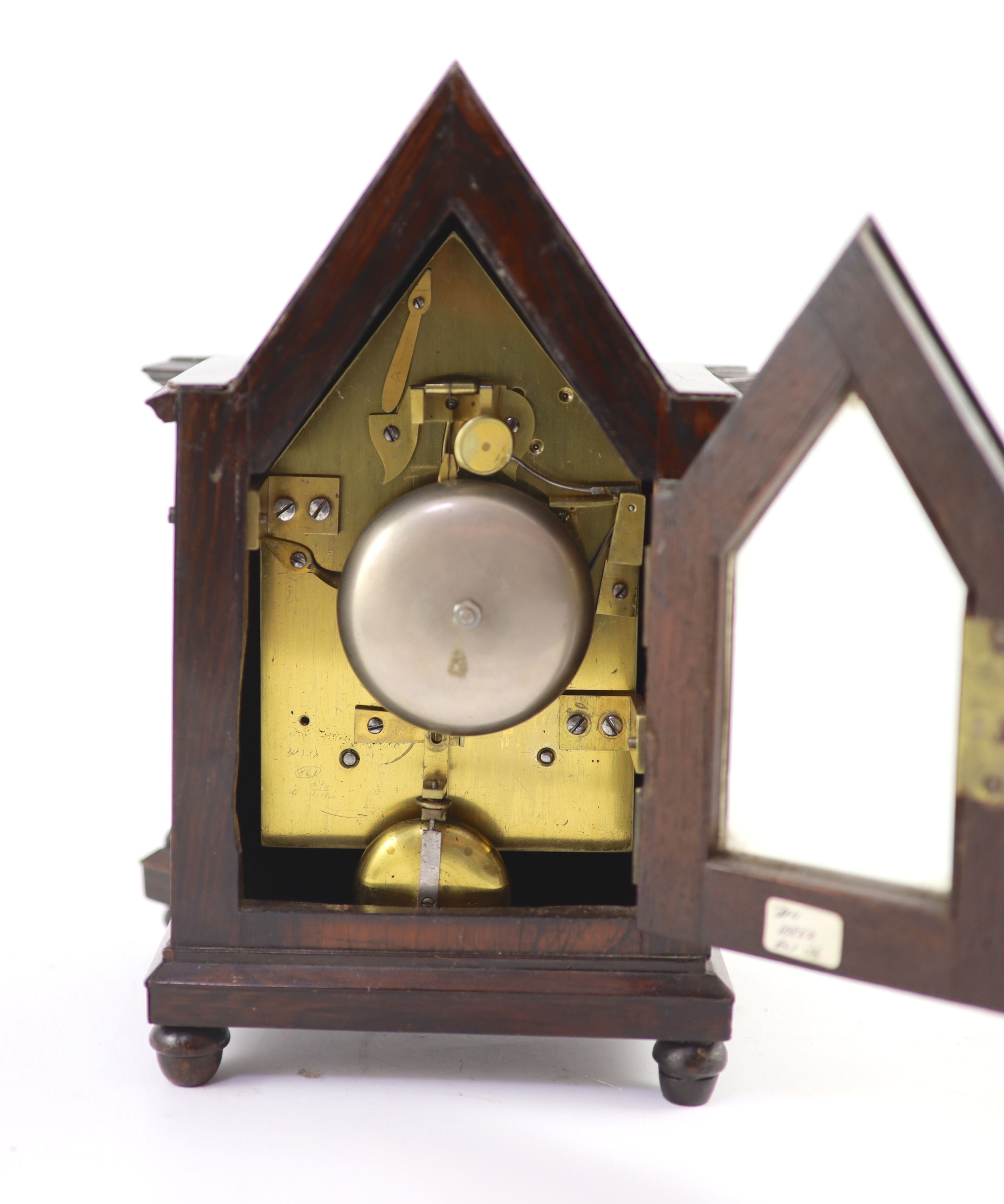 An early Victorian gothic revival rosewood mantle clock,with Gothic lancet case and gilt engine - Image 4 of 4