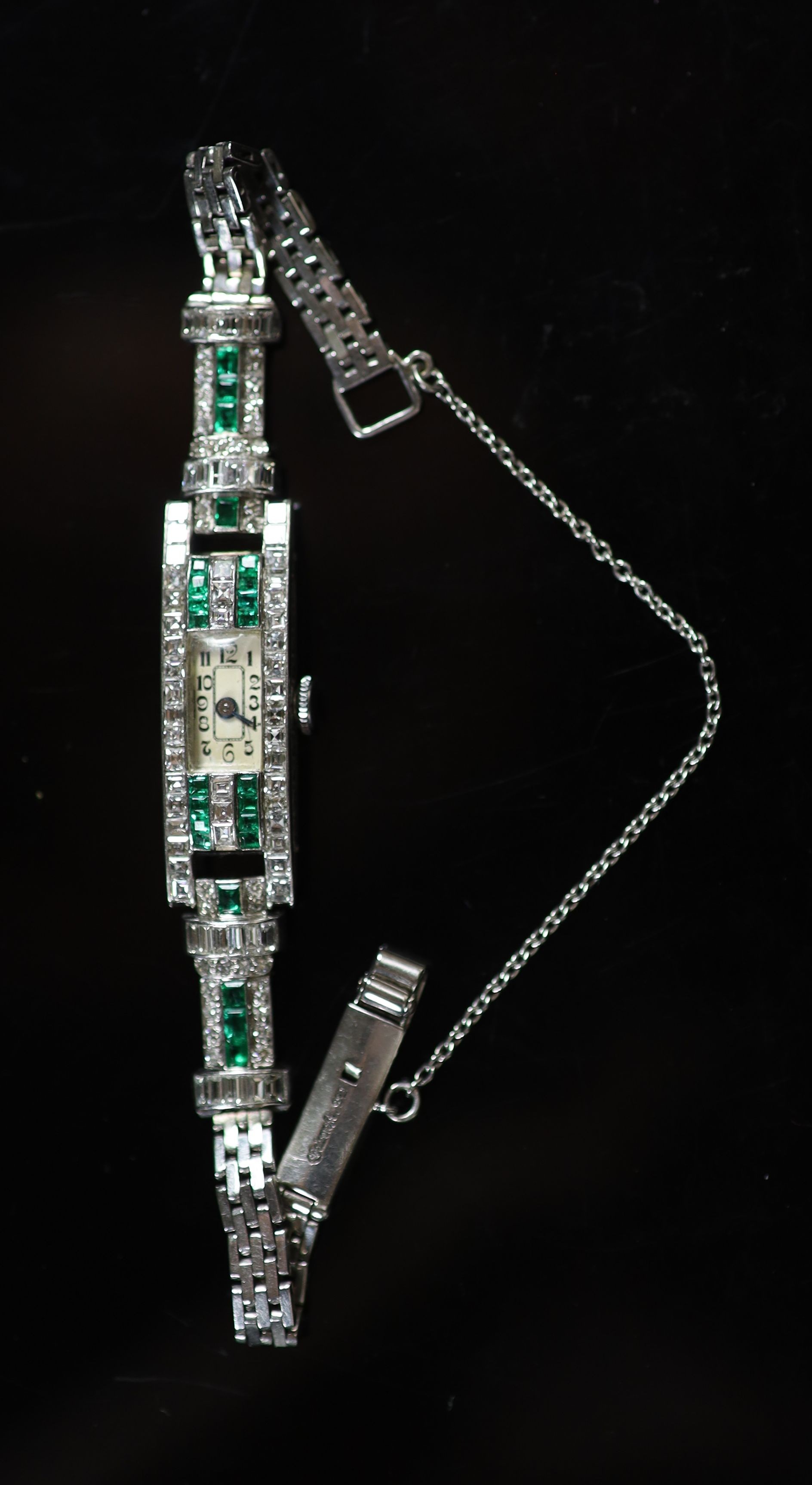 A lady's 1940's/1950's engraved platinum, emerald and diamond set manual wind rectangular cocktail - Image 2 of 2