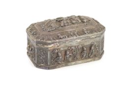 A Burmese embossed silver octagonal box and cover,decorated with figures and animals, owl mark to