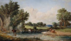 Alfred Vickers (1786-1868) Cattle watering in a landscapeoil on wooden panelsigned and dated