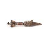 A Tibetan silver, bone and gem set phurbu (ritual dagger), 19th/20th century,set with coral, lapis