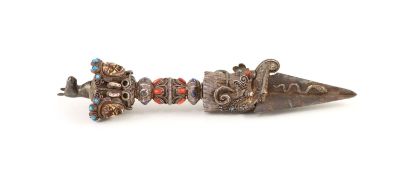 A Tibetan silver, bone and gem set phurbu (ritual dagger), 19th/20th century,set with coral, lapis