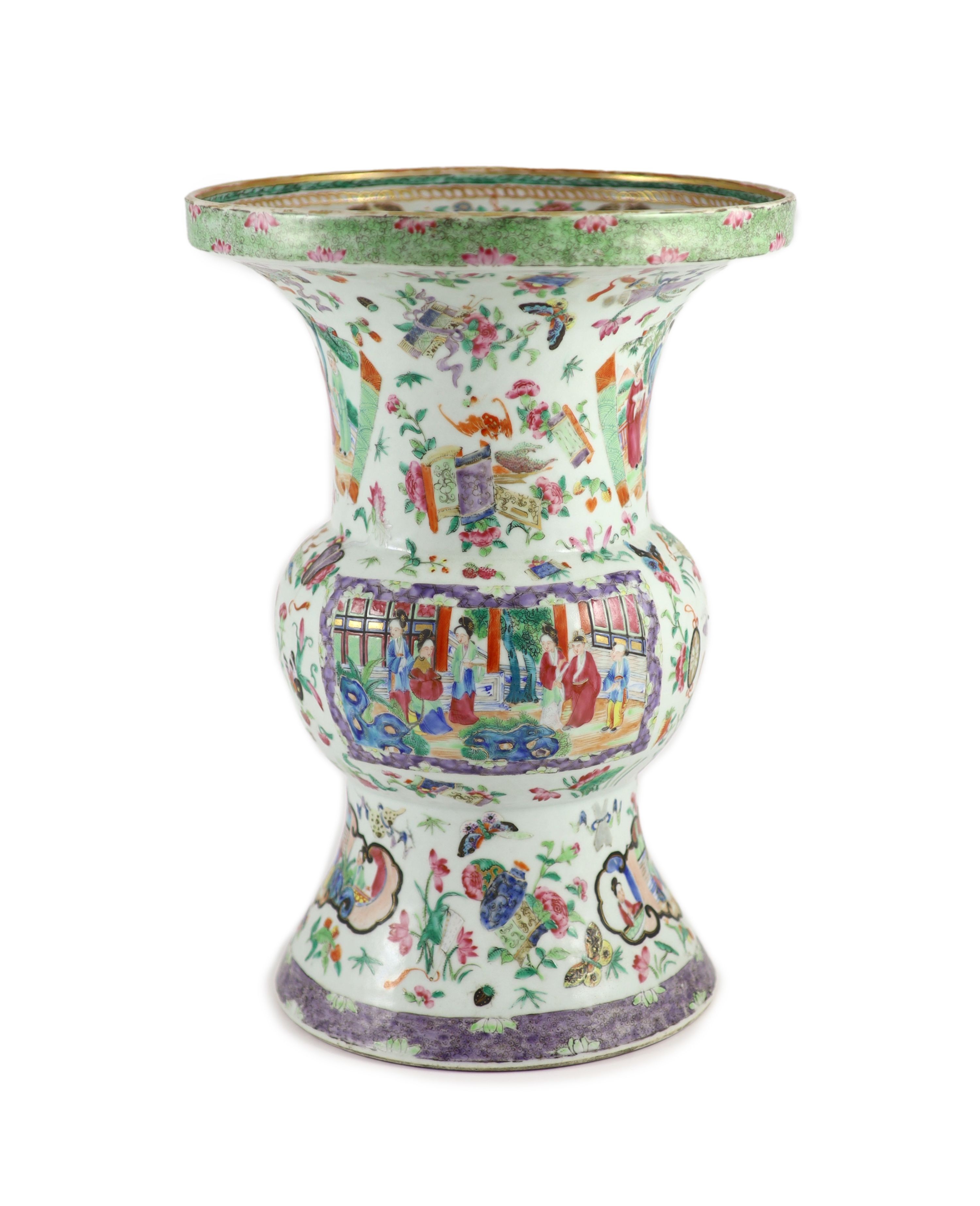 A Chinese famille rose zun-shaped vase, mid 19th centurypainted with reserves of figures in