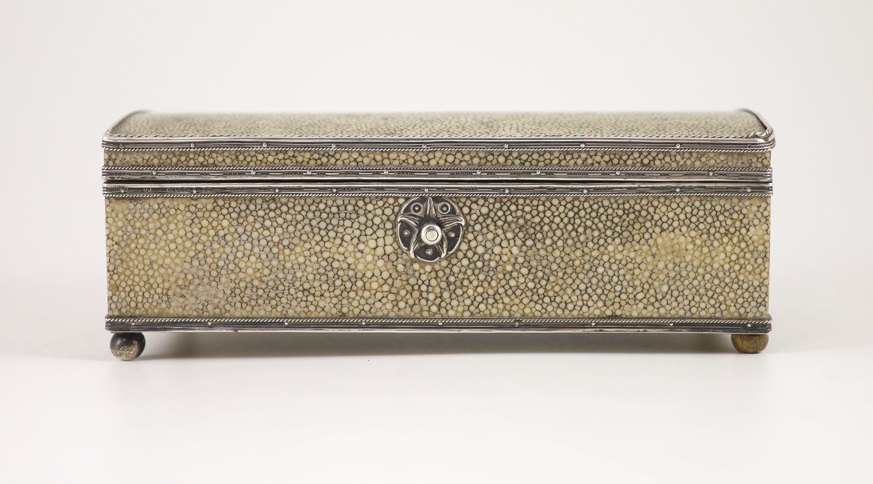 An Arts and Crafts silver mounted shagreen rectangular cigarette box, by John Paul Cooper,on ball - Image 2 of 4