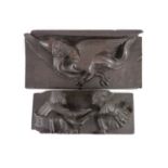 Two carved oak misericord panel fragments, 15th/16th century,the largest carved with as a beast with