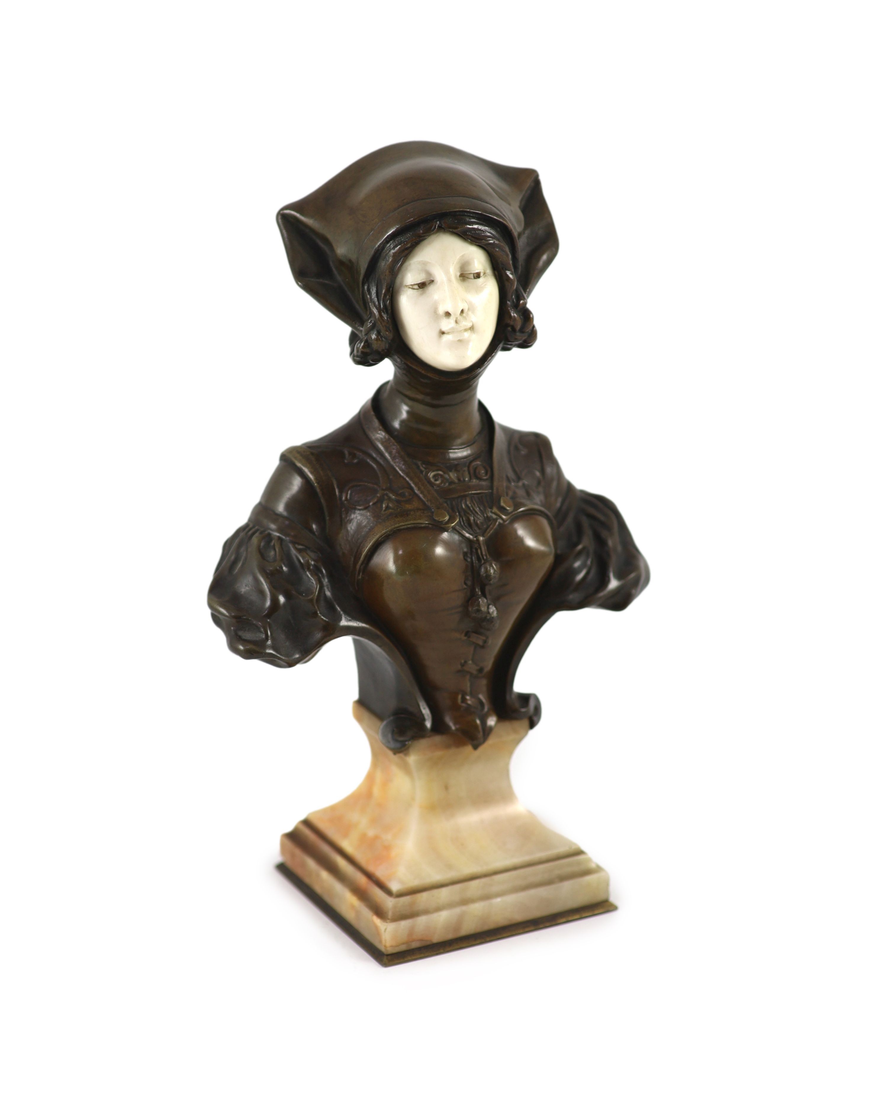 Francois Alphonse Piquemal (1869-1911) a French bronze and ivory bust of a medieval lady, c.1900,