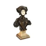 Francois Alphonse Piquemal (1869-1911) a French bronze and ivory bust of a medieval lady, c.1900,