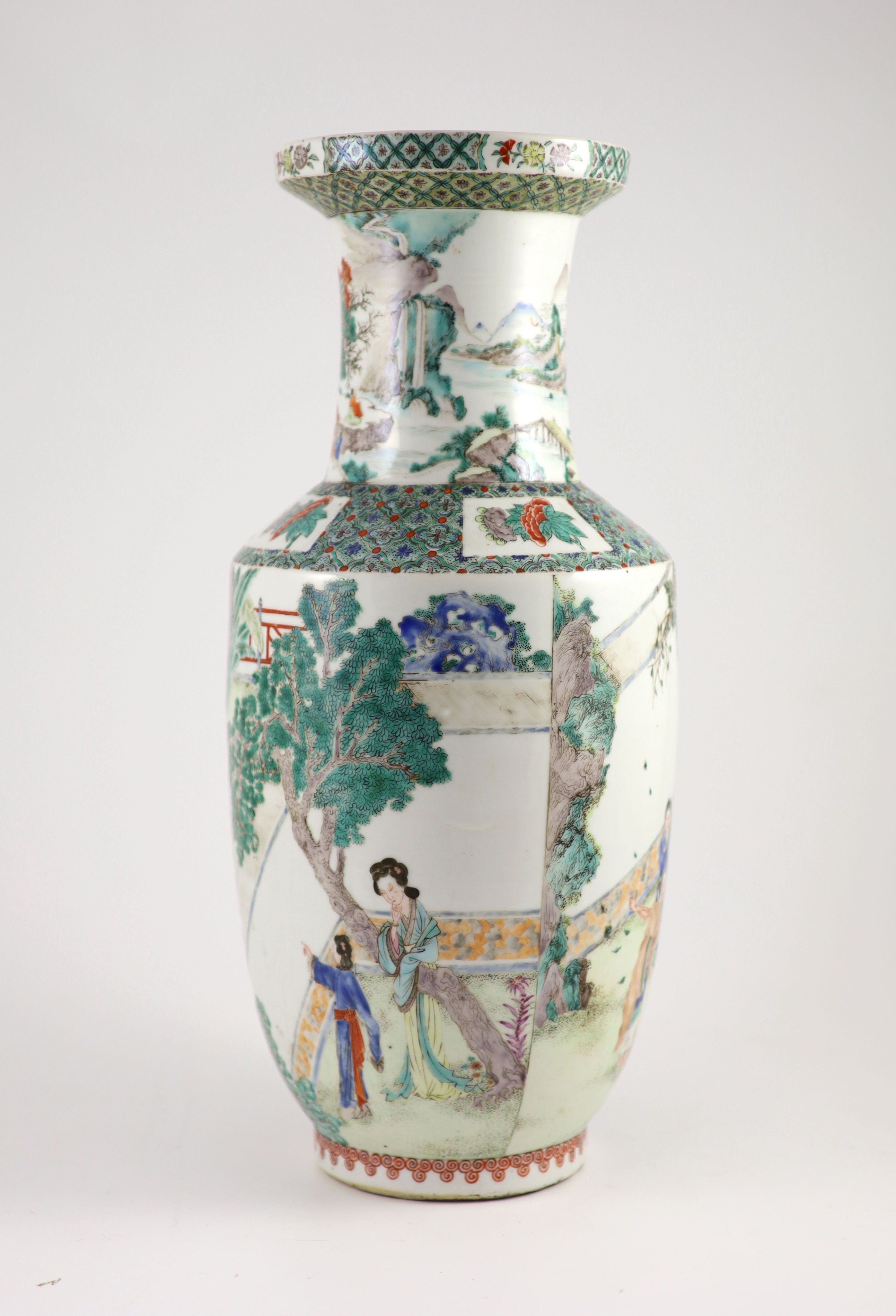 A Chinese famille verte rouleau vase, late 19th century,painted with figures amid garden - Image 4 of 6