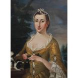 Early 18th century French School Portrait of a lady wearing a yellow dress holding a rose with a lap