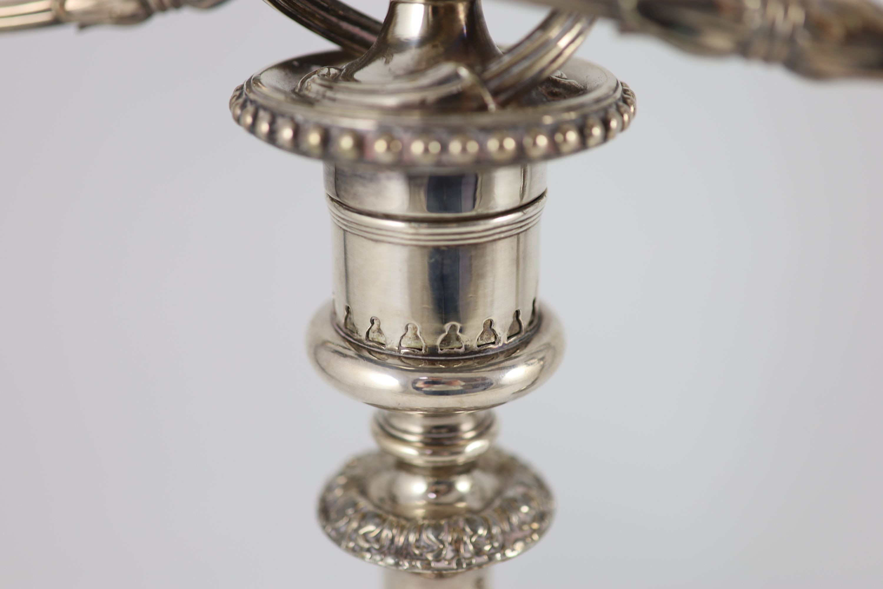 A pair of early to mid 20th century silver plated three light, two branch candelabra,with reeded - Image 4 of 4