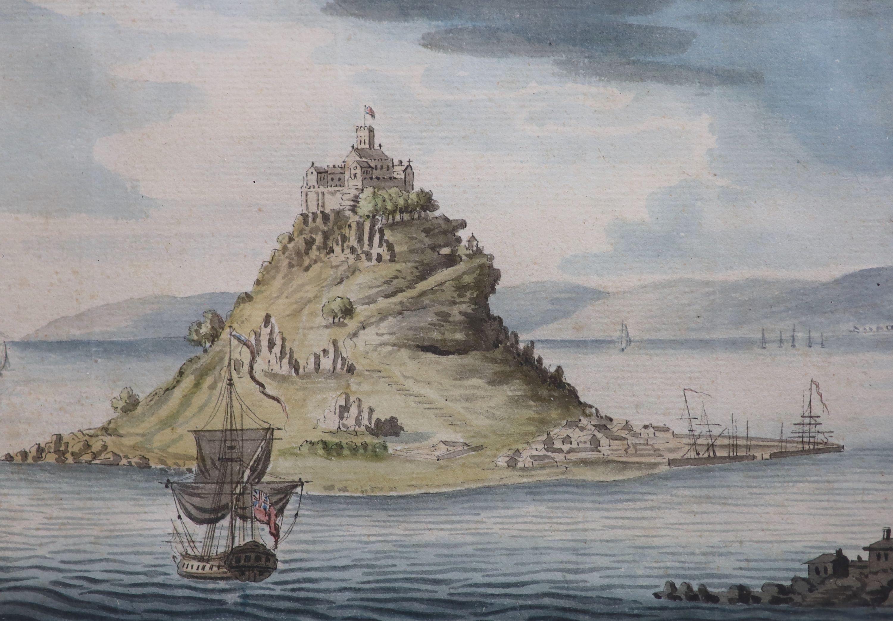 18th Century English School View of St Michael's Mount with a frigate in the foregroundink and