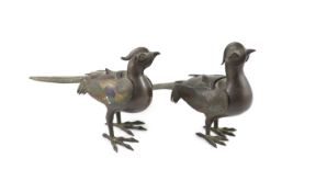 Two similar Japanese champlevé enamel and bronze ‘pheasant’ censers and covers, Meiji period,in