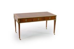 Laporte Barmen. A Louis XVI style ormolu mounted burr wood bureau plat,fitted six drawers on squared