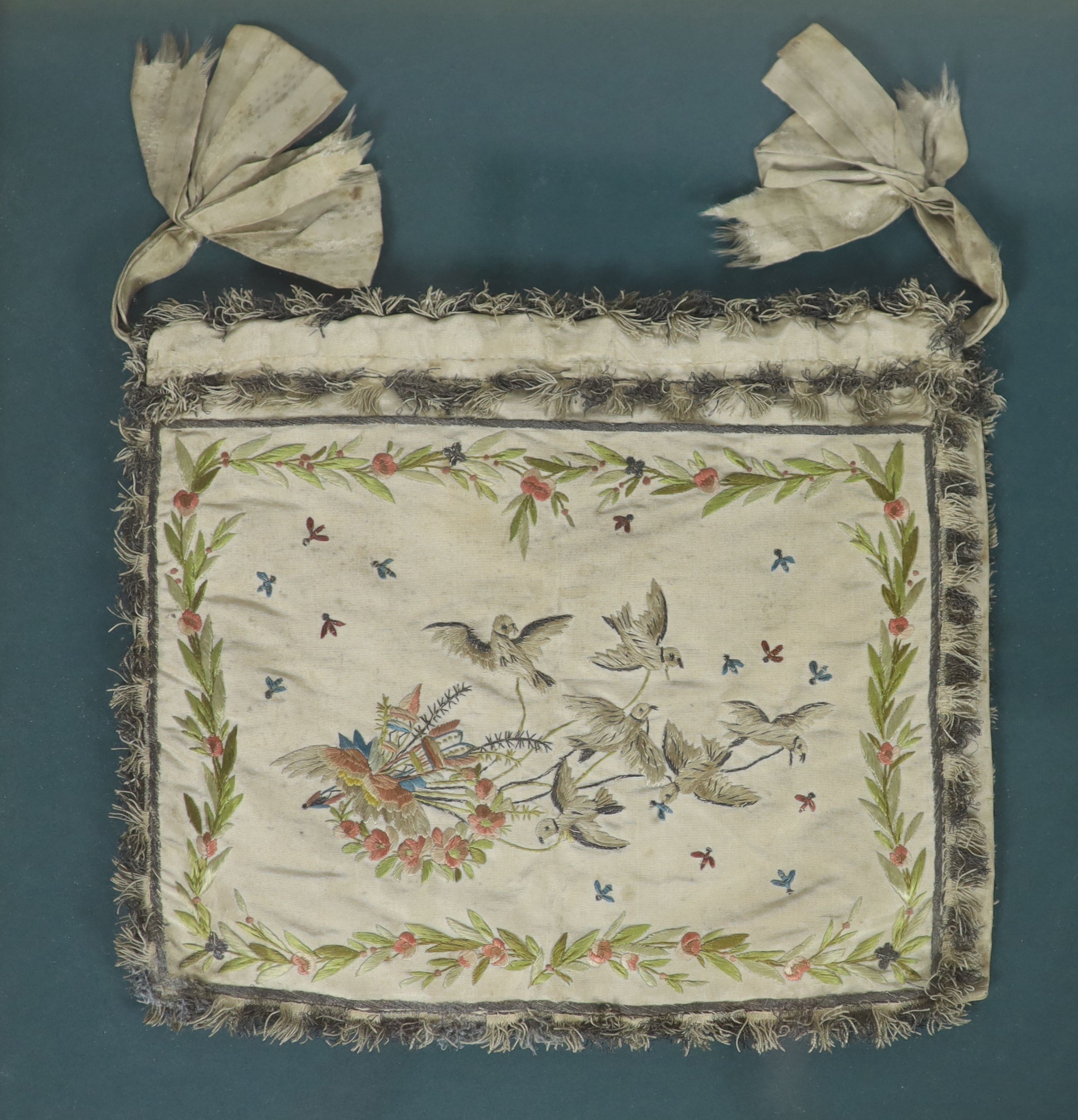 A late 18th century embroidered silk waistcoat, a similar Bible bag and coaching lace purseThe - Image 3 of 4